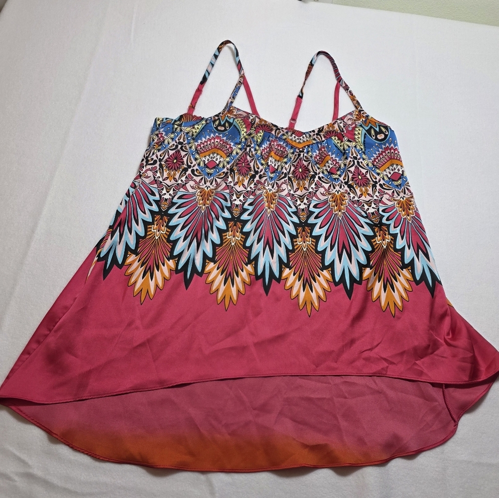 Nicole Miller Women Silky Camisole Top Boho Pink Bright Floral Spaghetti Strap L